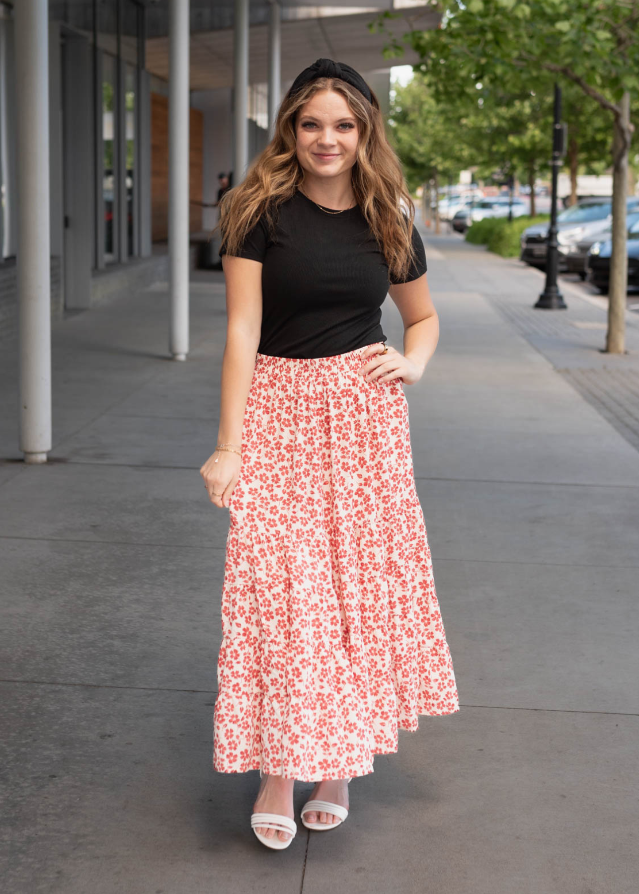 Maroon floral skirt with elastic wasit