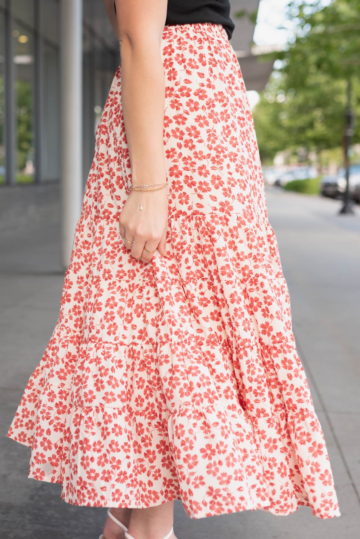 Side view of the maroon floral skirt