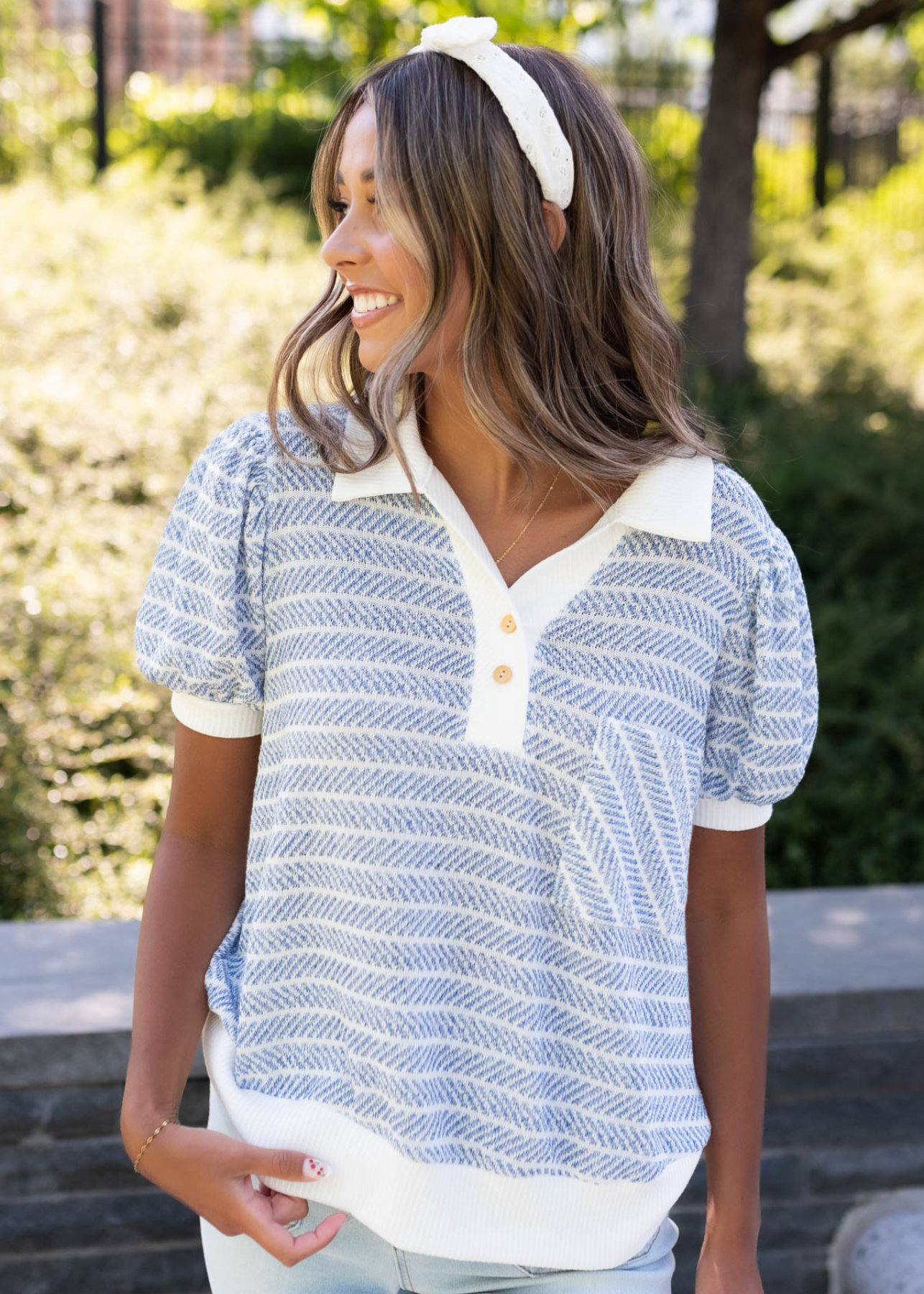 Karissa Blue Stripe Button Top