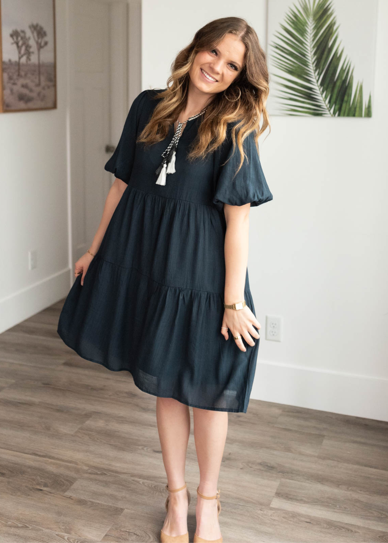 Knee length navy tie dress