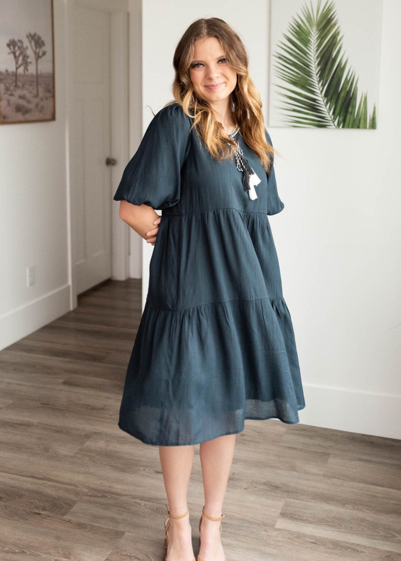 Navy tie dress with short sleeve