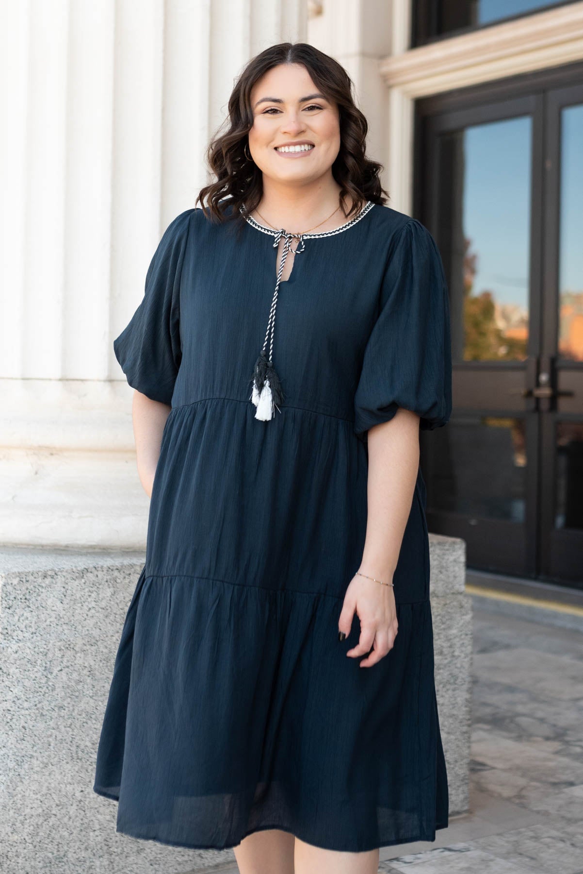 Plus size tiered navy tie dress