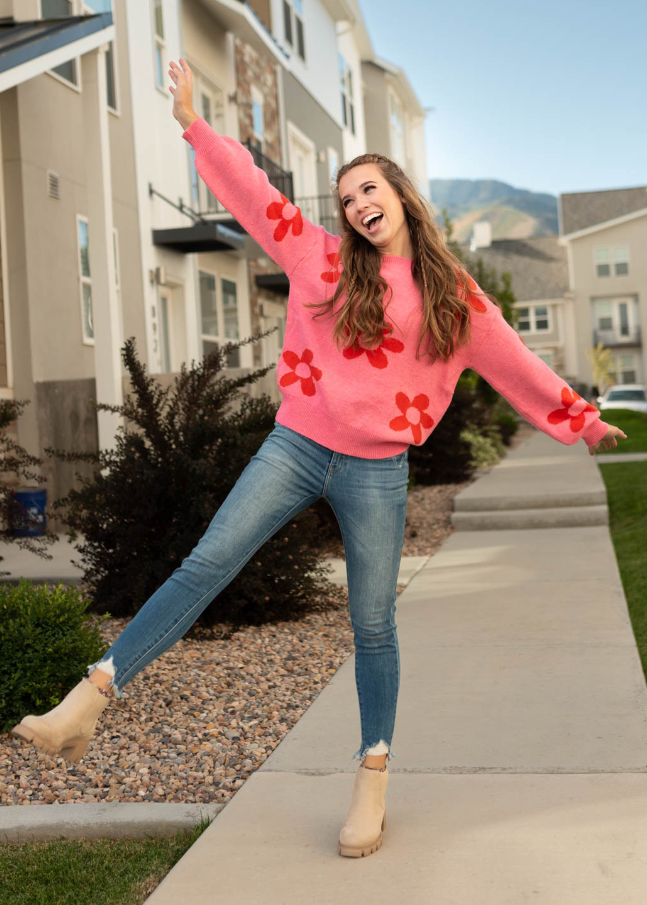 Long sleeve pink floral sweater