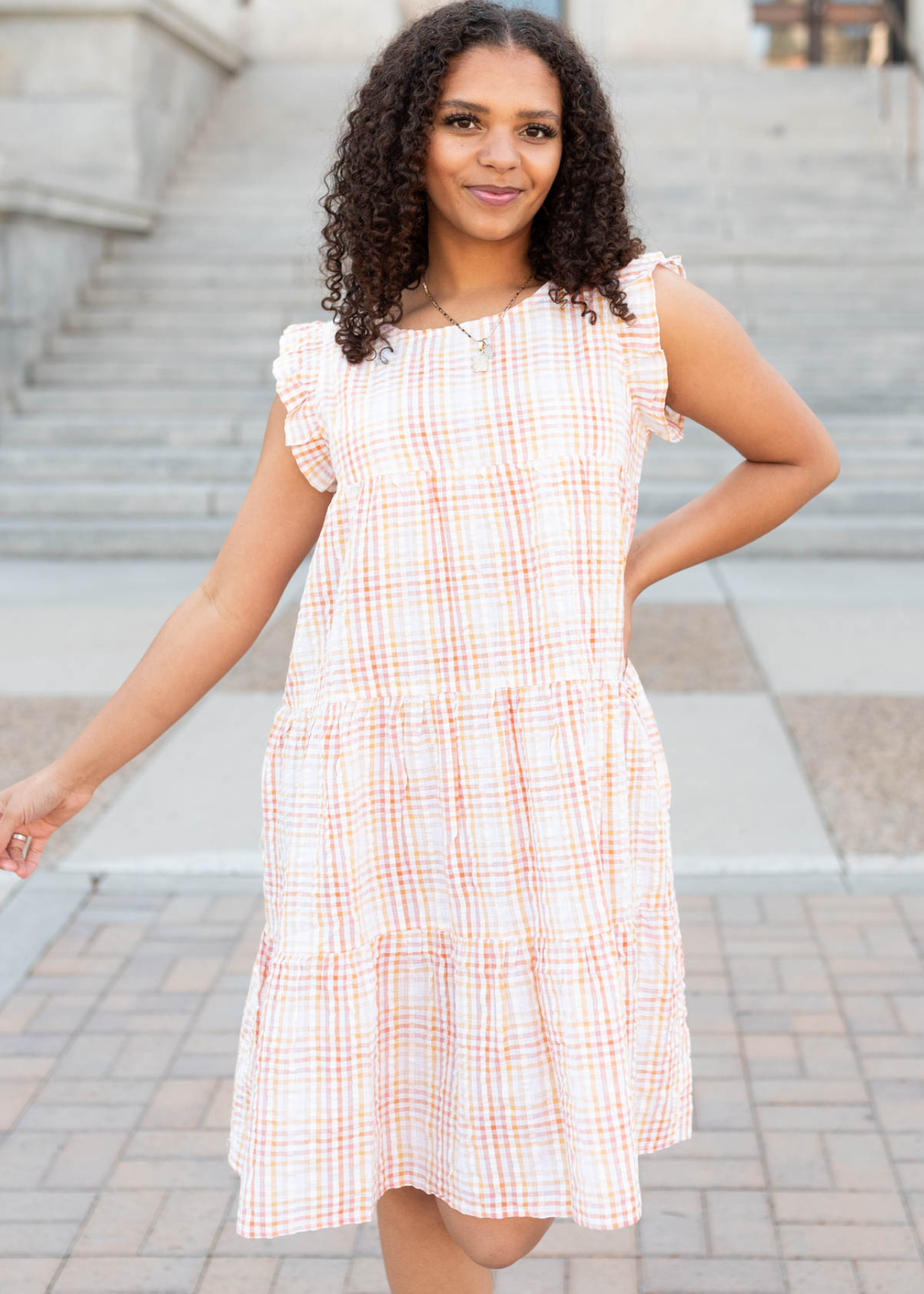 Ruffle sleeveless orange plaid mini dress