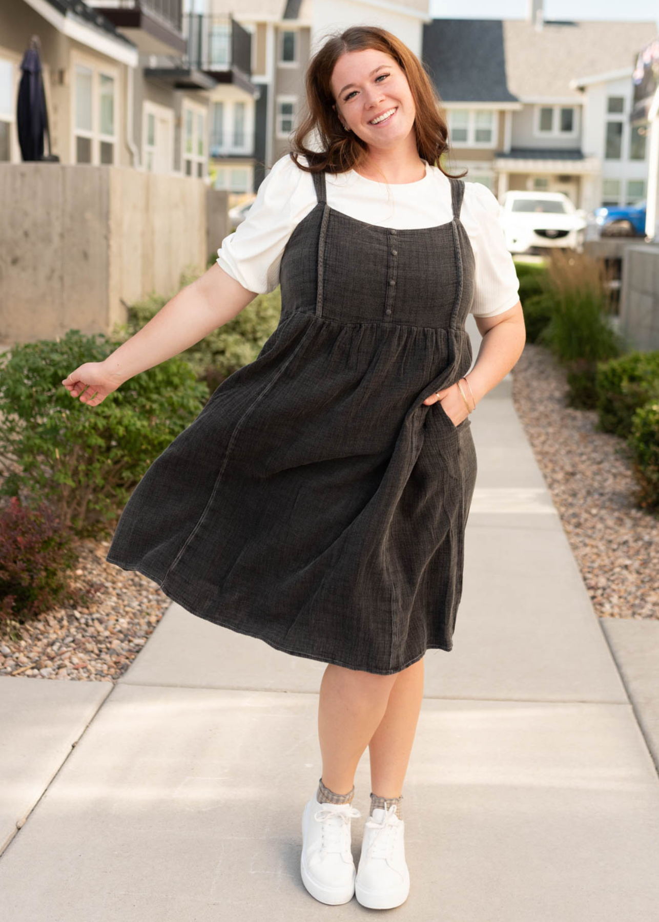 Plus size black wash jumper dress with pockets