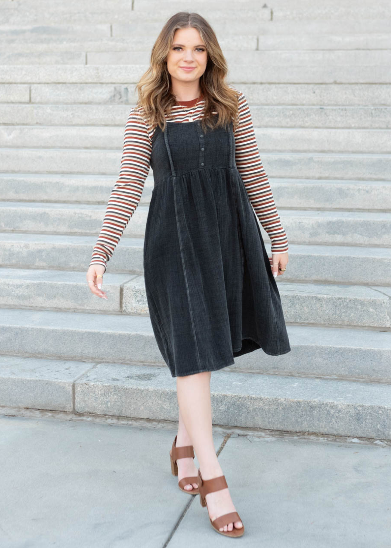 Black wash jumper dress with buttons on the bodice