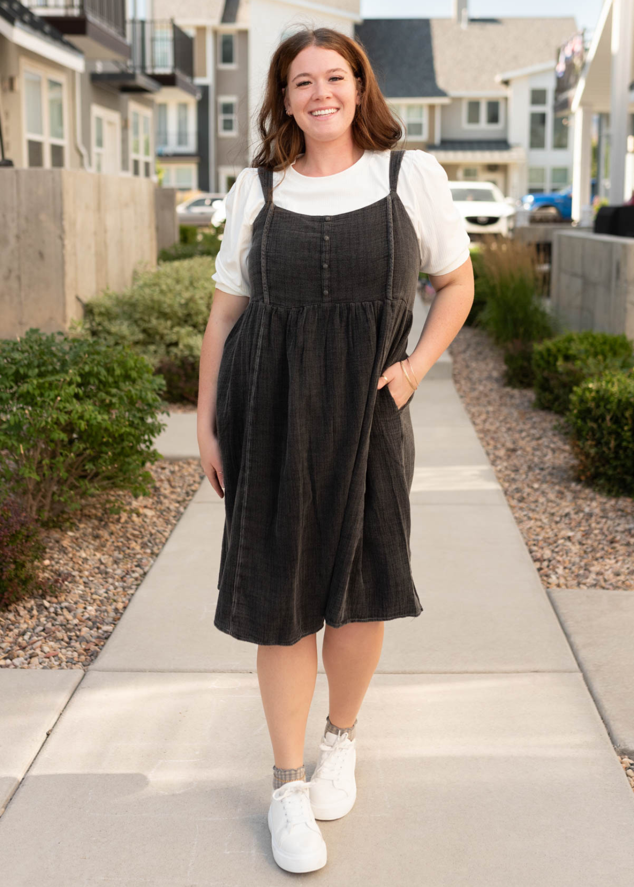 Black wash jumper dress with pockets in plus sizes