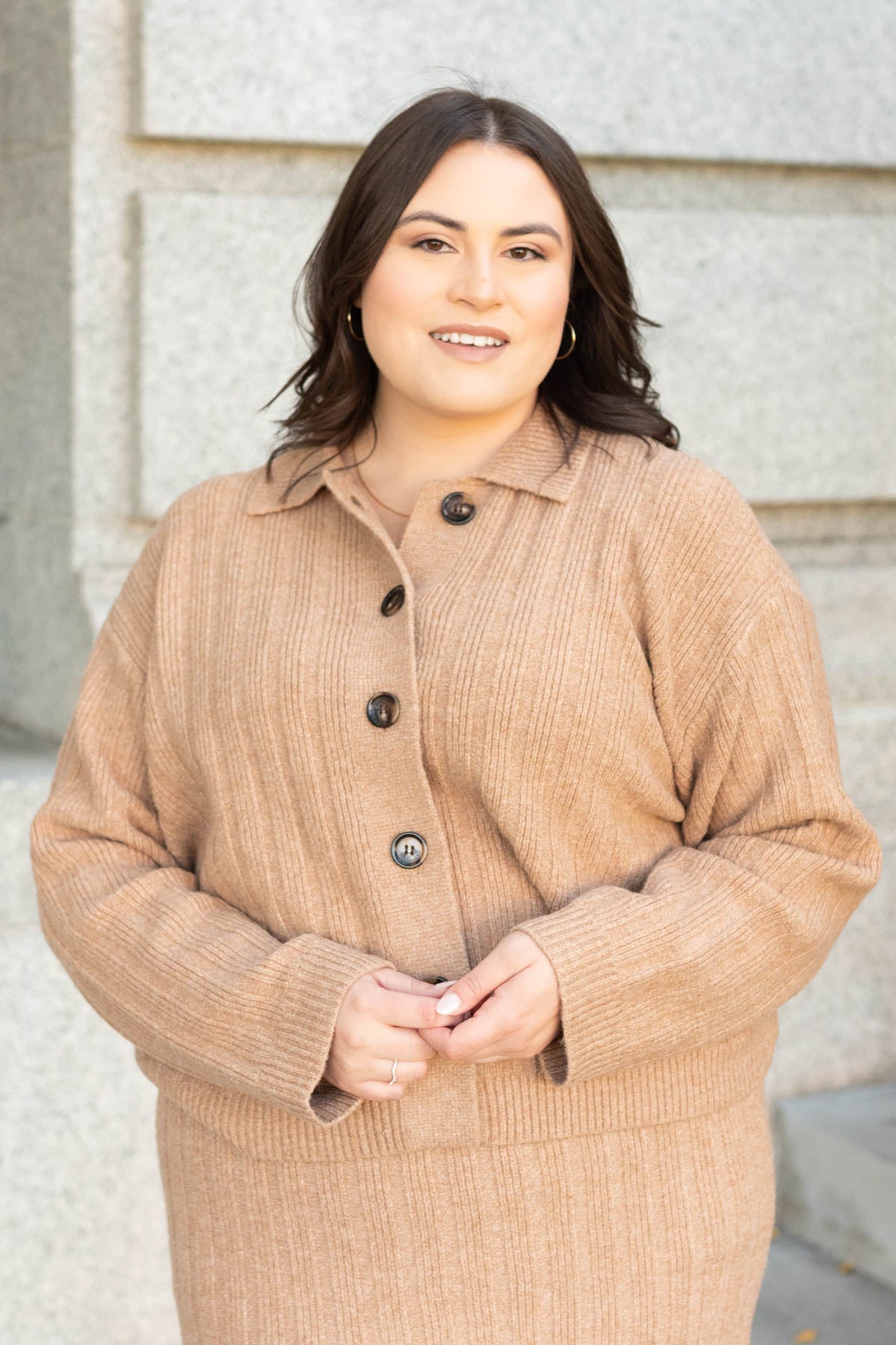 Button up plus size camel ribbed sweater