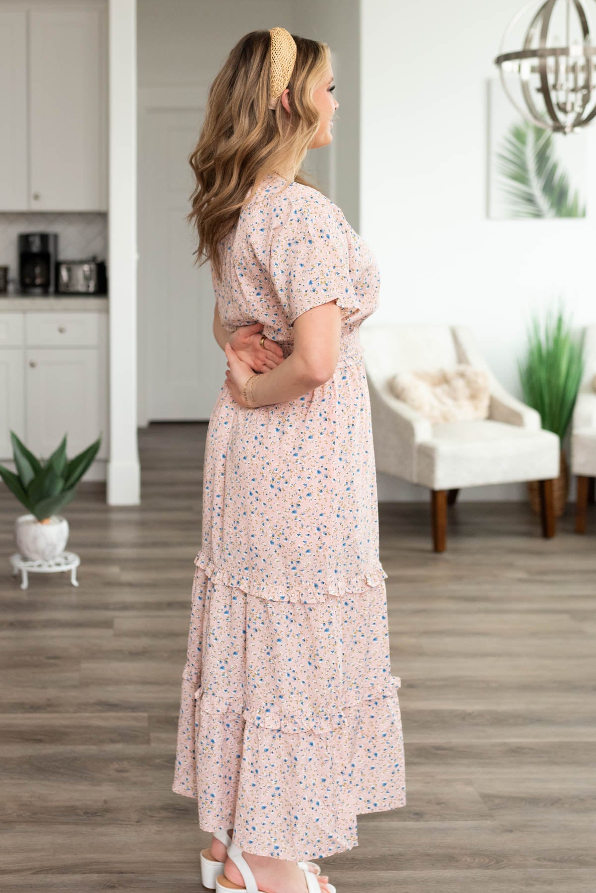 Side view of the pink floral dress