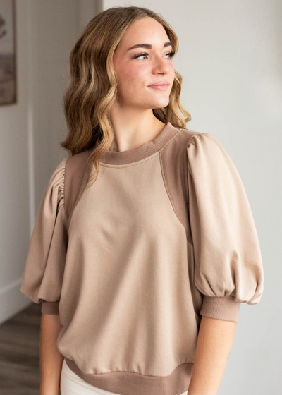 Taupe puff sleeve pullover with short sleeves