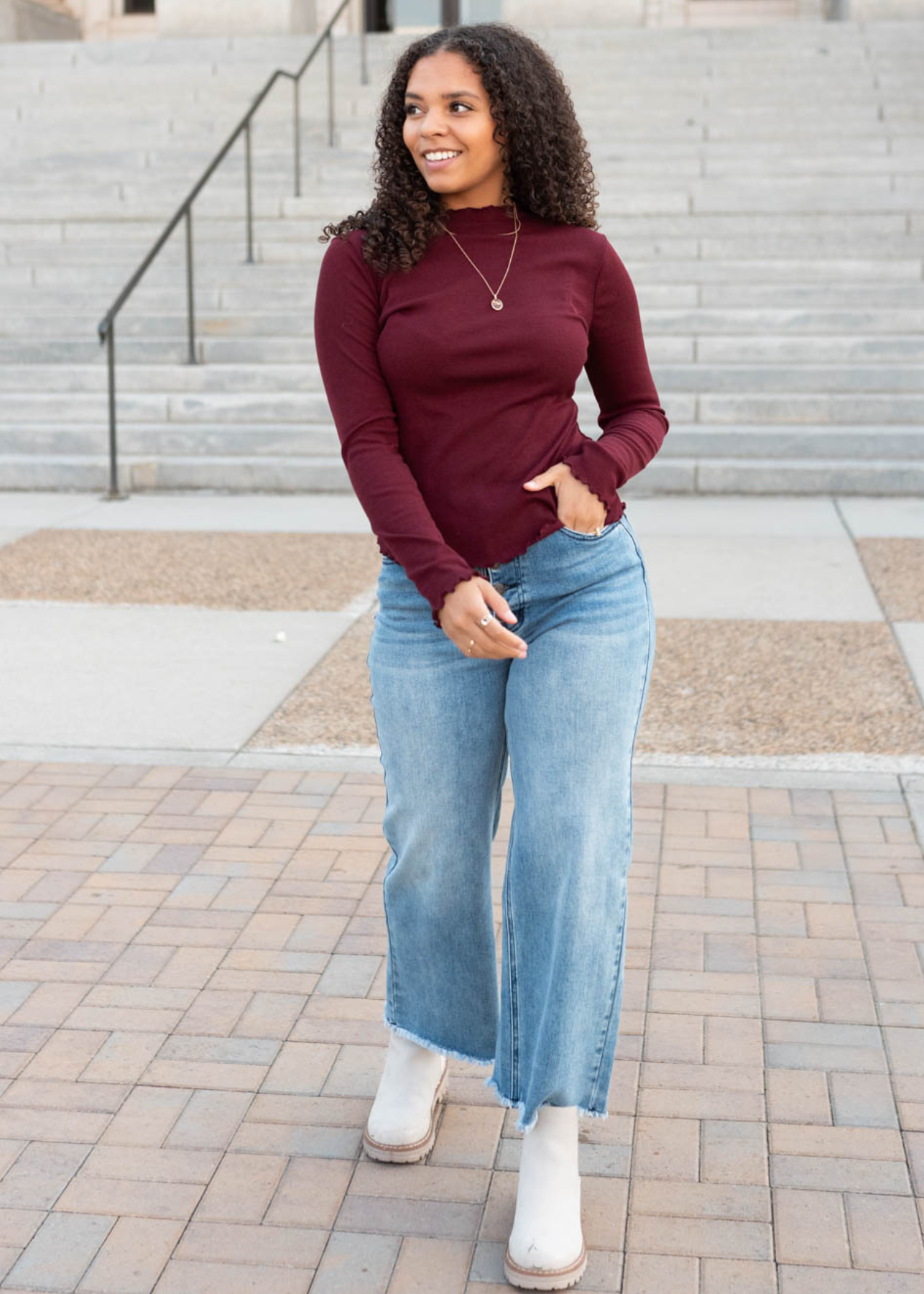 Kaylin Burgundy Ruffle Ribbed Top