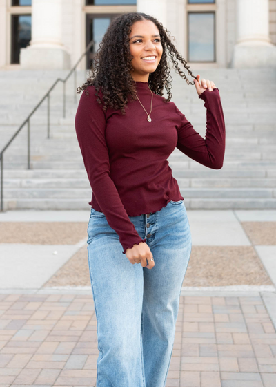 Kaylin Burgundy Ruffle Ribbed Top