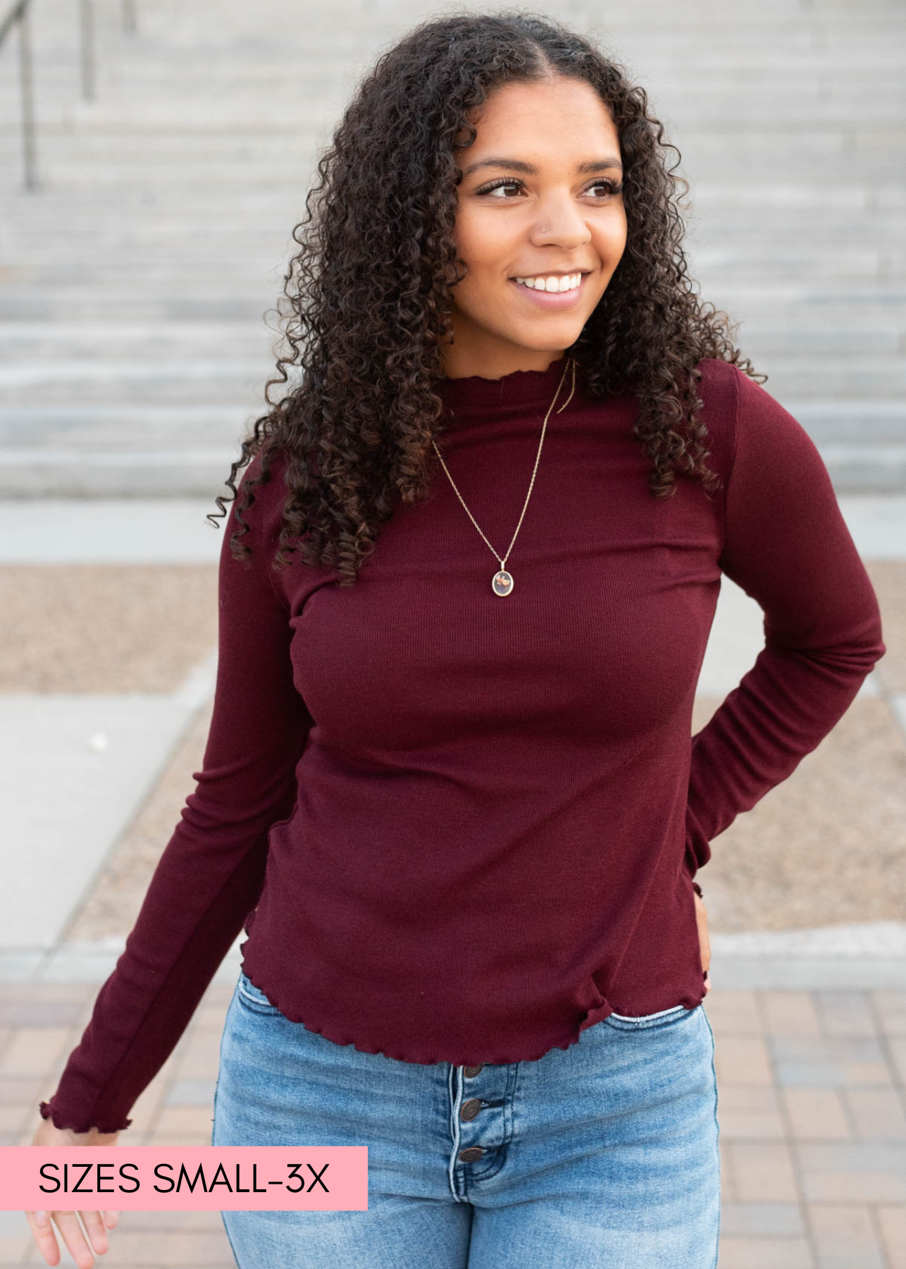 Kaylin Burgundy Ruffle Ribbed Top