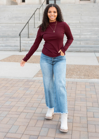 Kaylin Burgundy Ruffle Ribbed Top