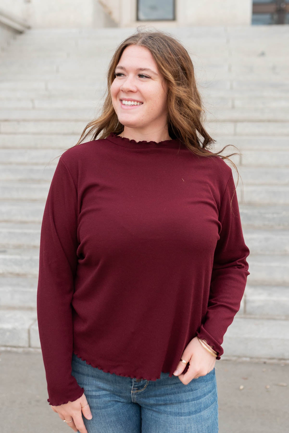 Long sleeve plus size burgundy ruffle ribbed top