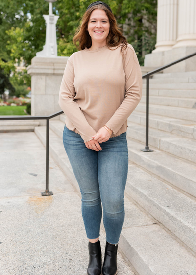 Tan ruffle ribbed top with long sleeves