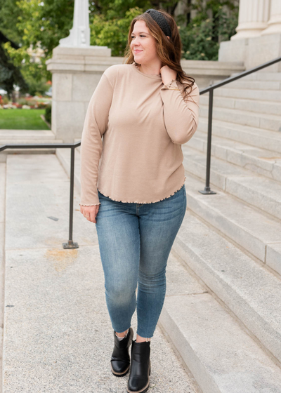 Plus size long sleeve tan ruffle ribbed top