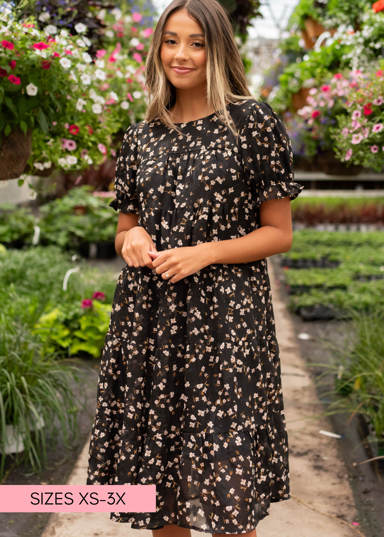 Tiered black floral midi dress