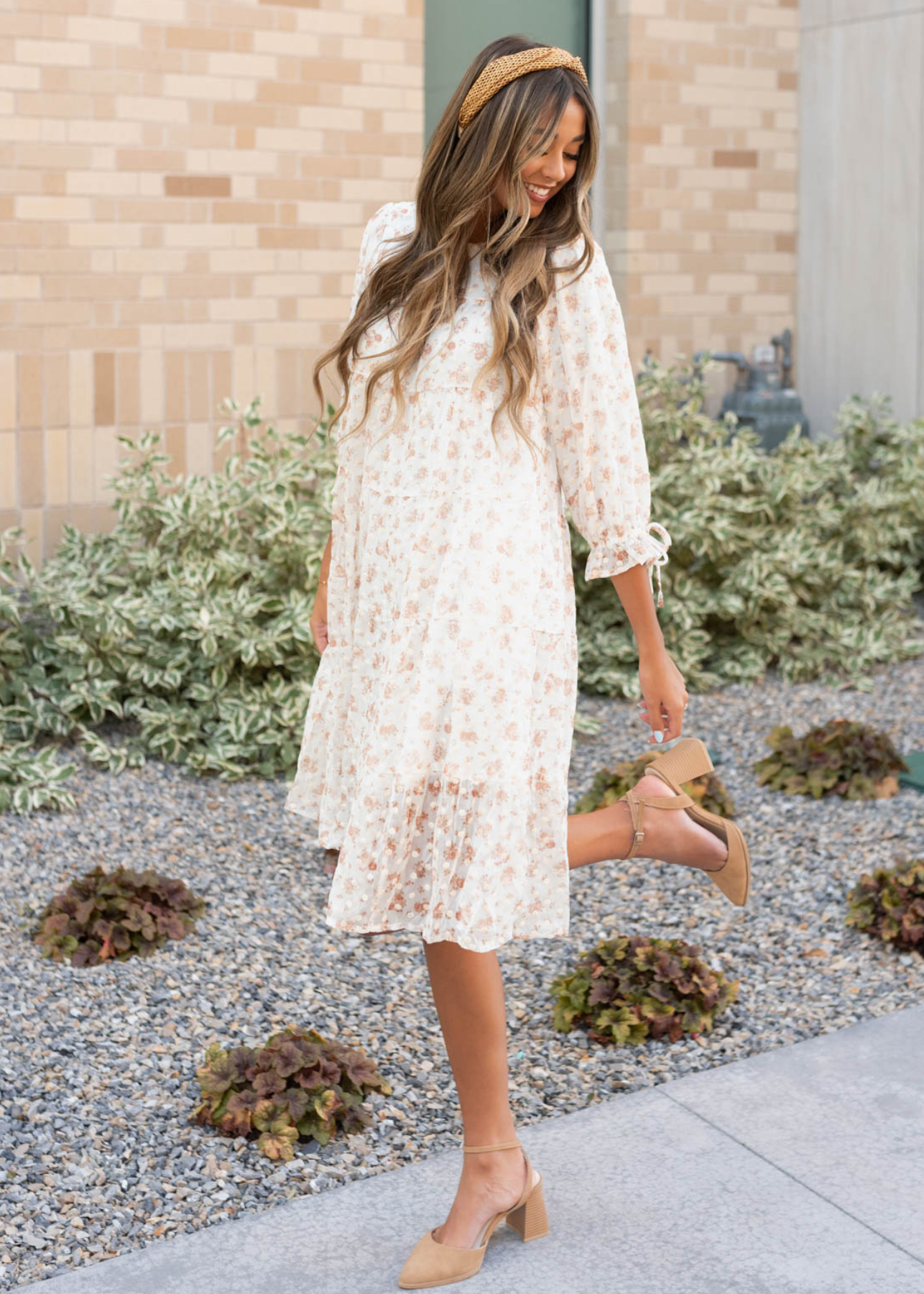 Cream floral dot dress with long sleeves