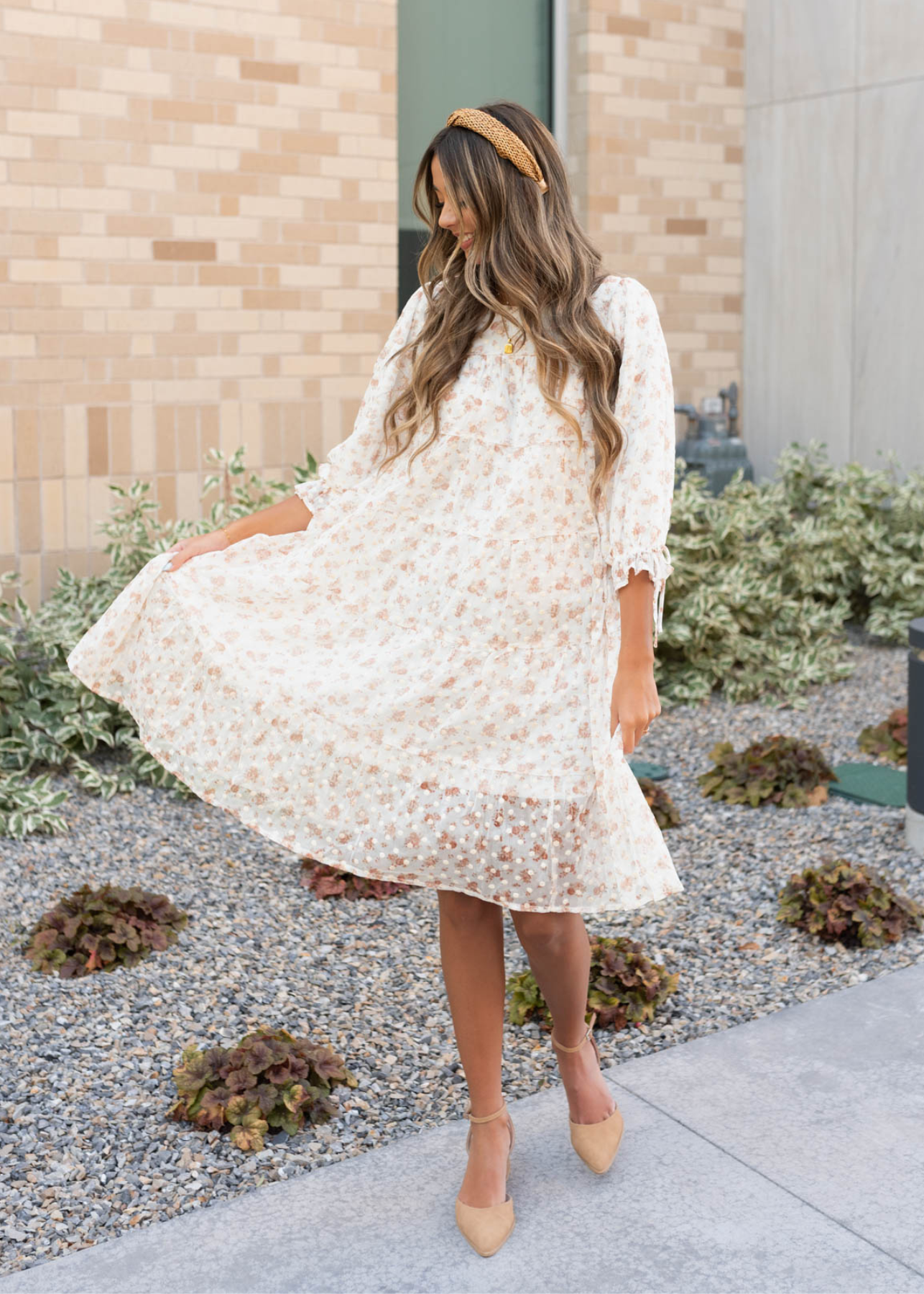 Long sleeve cream floral dot dress