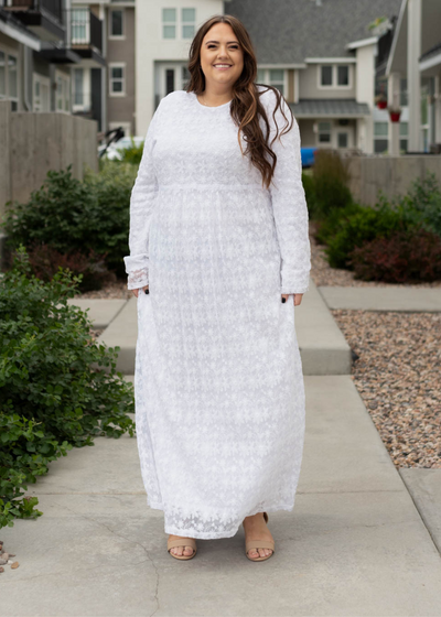 Plus size white floral dress with long sleeves