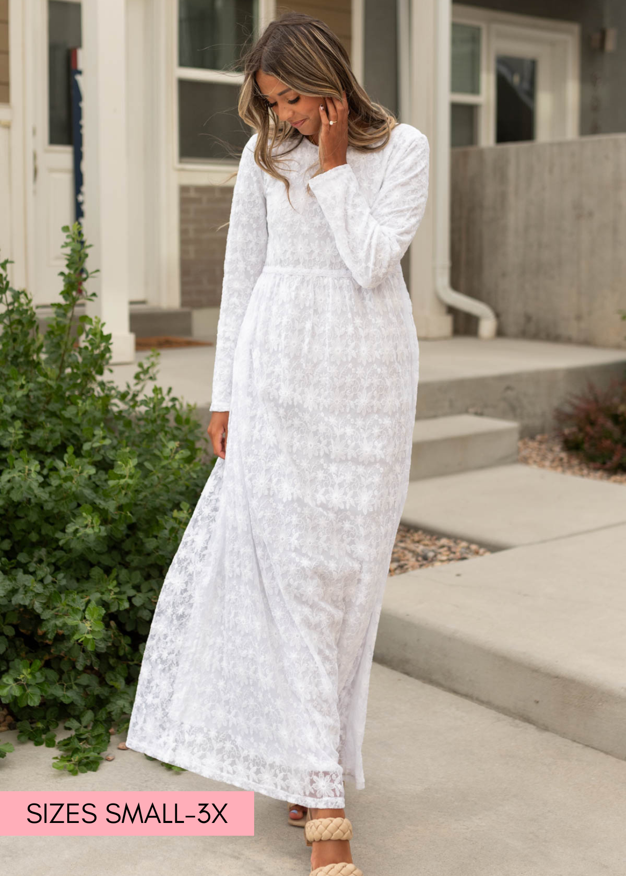 Long white floral dress with long sleeves