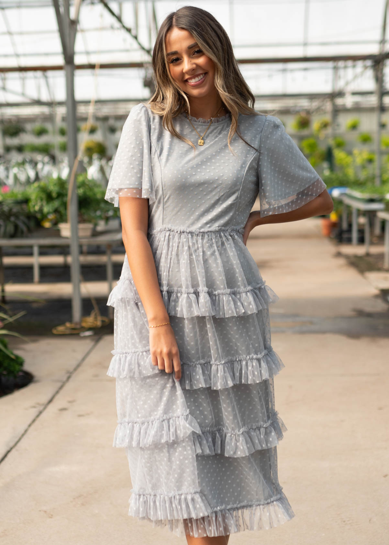 Short sleeve grey blue ruffle dress