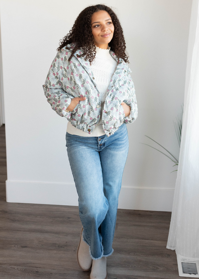 Sage floral puffer jacket