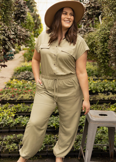 Plus size light olive jumpsuit with buttons on the bodice