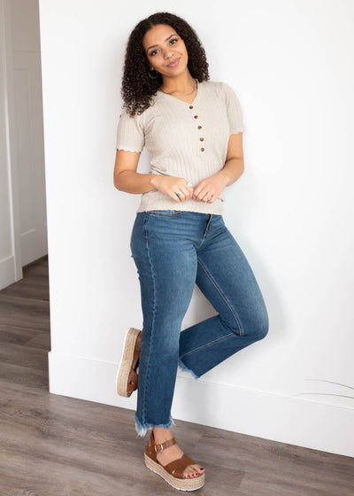 Oatmeal button down top with short sleeves with scalloped cuff