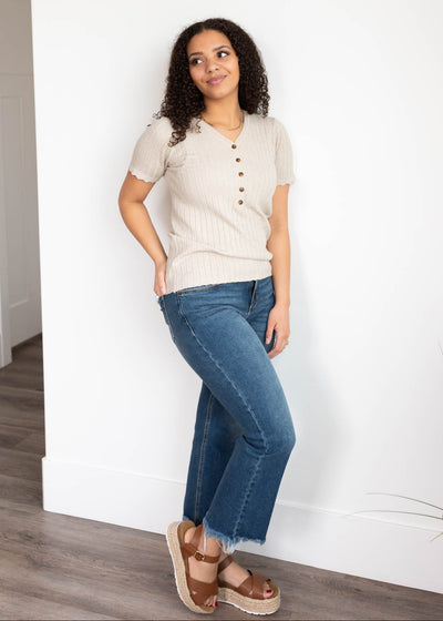 Oatmeal button top with v-neck