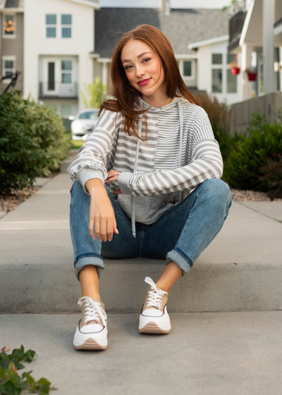 Long sleeve heather grey hoodie with stripes