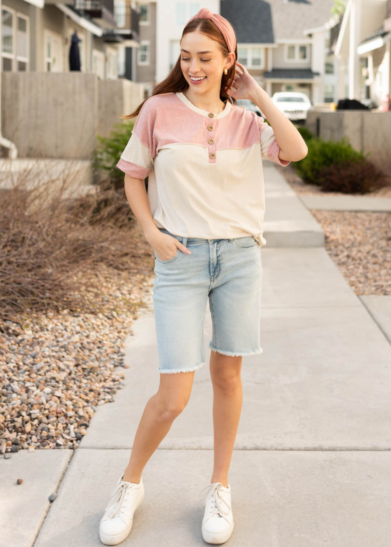 Short sleeve mauve color block top