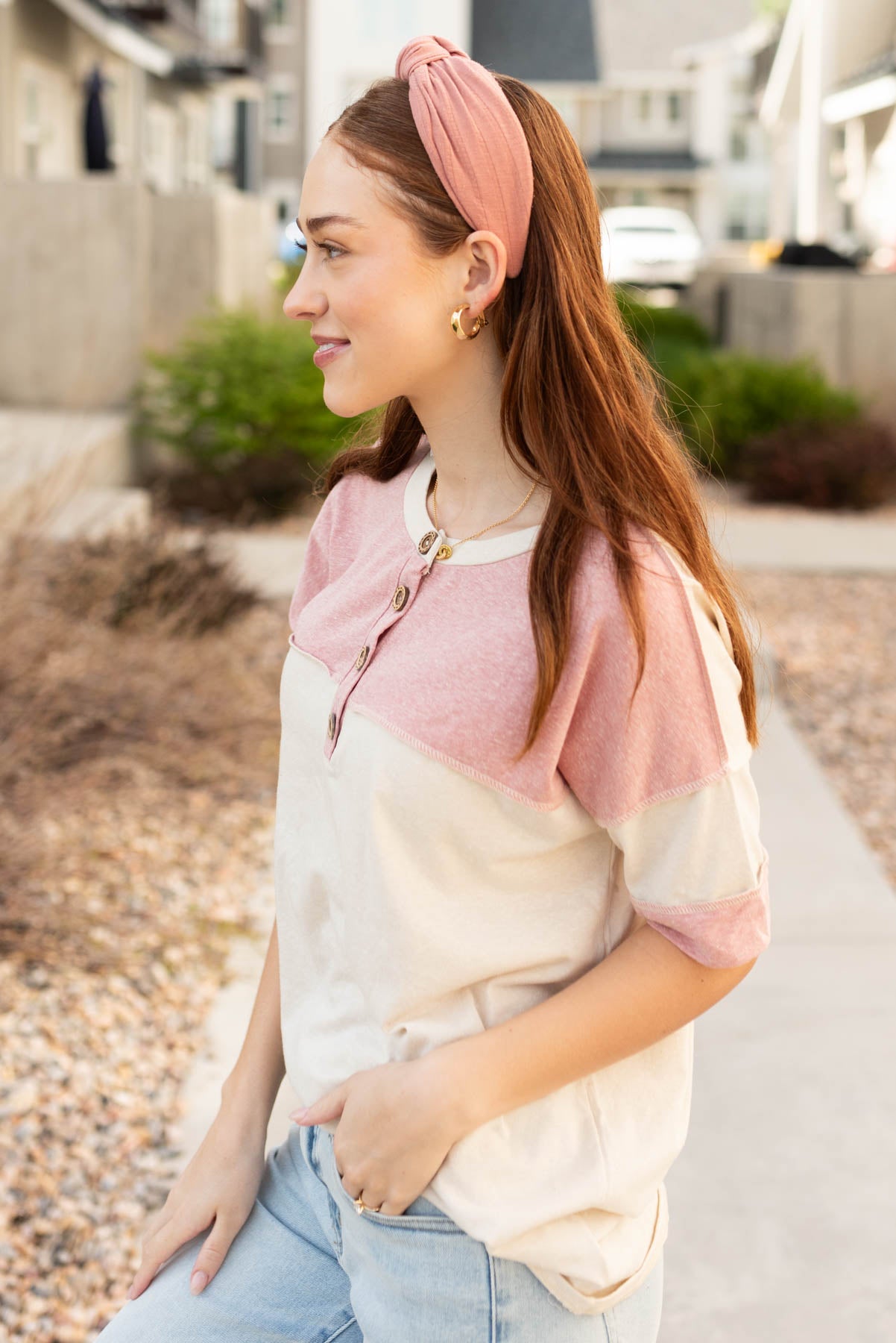 Side view of the color block top