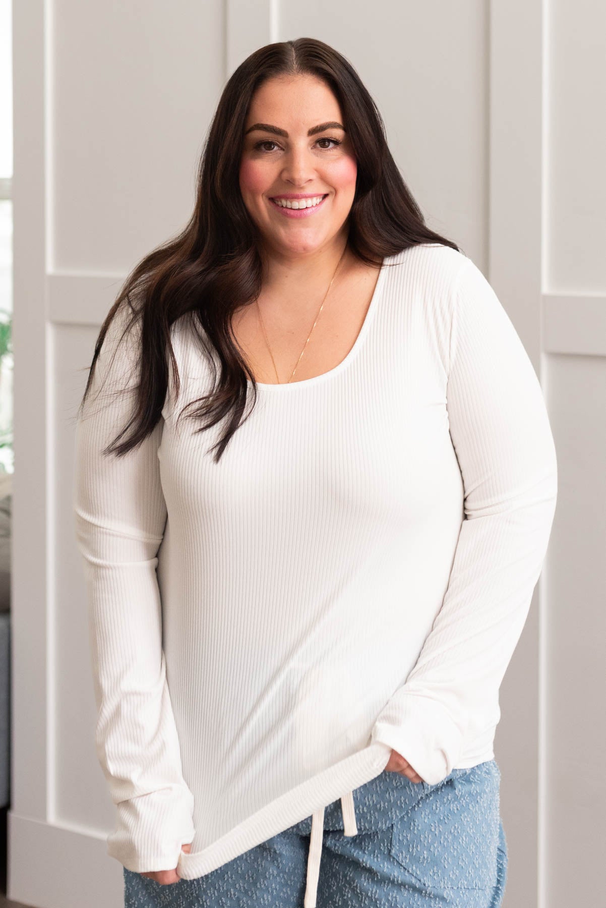 Wide neck plus size ivory ribbed long sleeve top