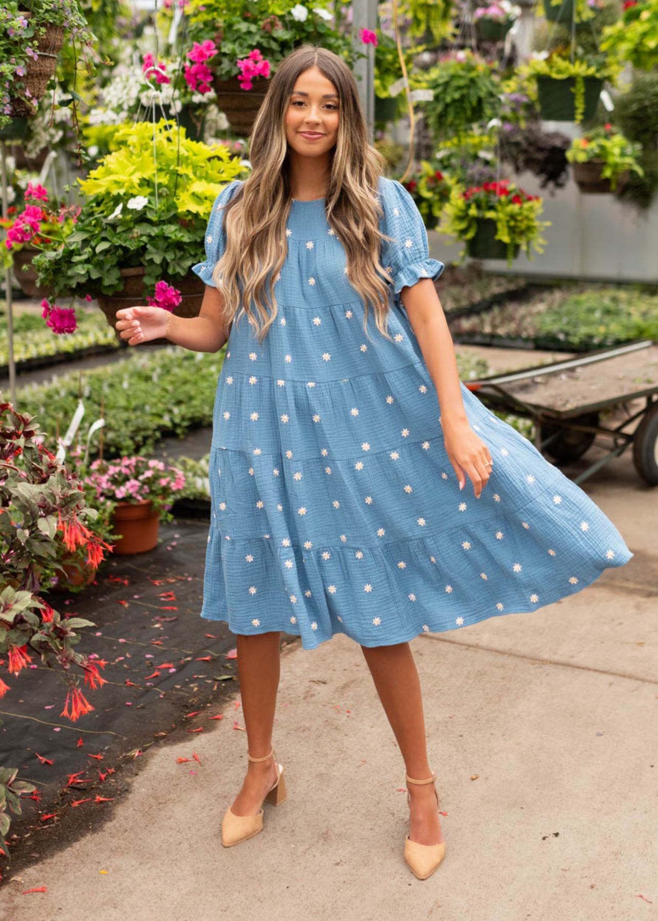 Tiered blue floral dot dress