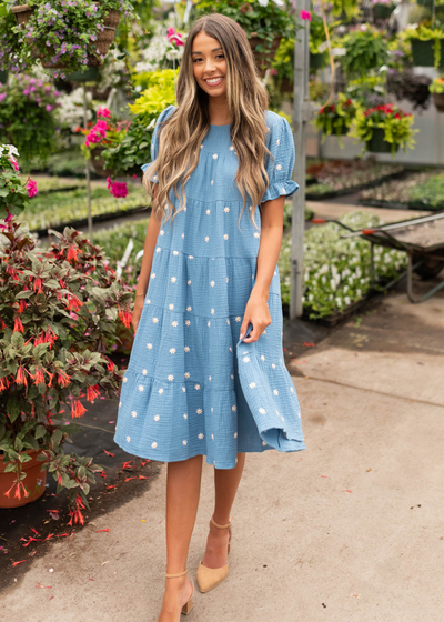 Short sleeve blue floral dot dress