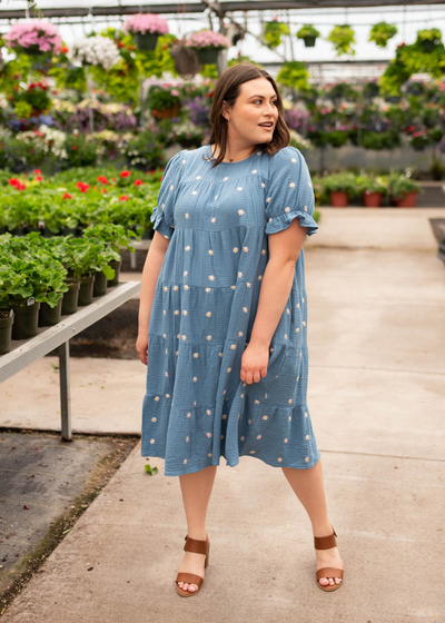 Plus size blue floral dot dress with short sleeves