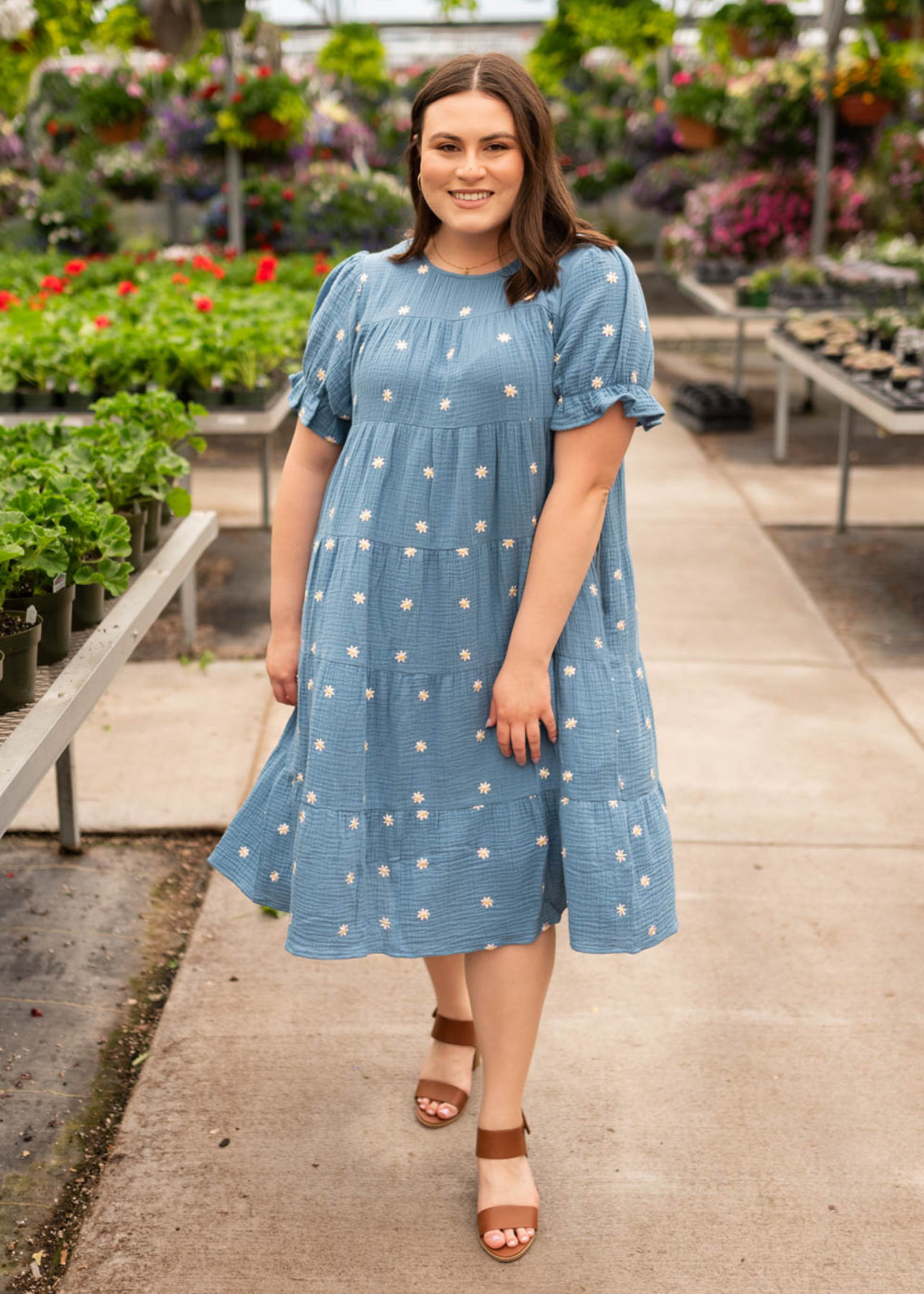 Short sleeve plus size blue floral dot dress