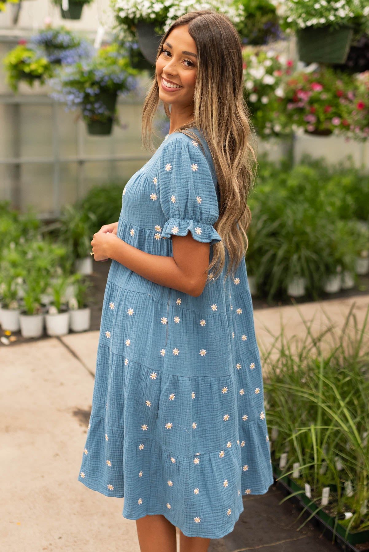 Side view of the blue floral dot dress