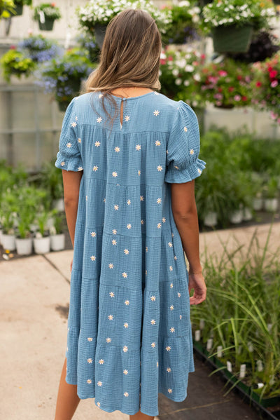 Back view of the blue floral dot dress