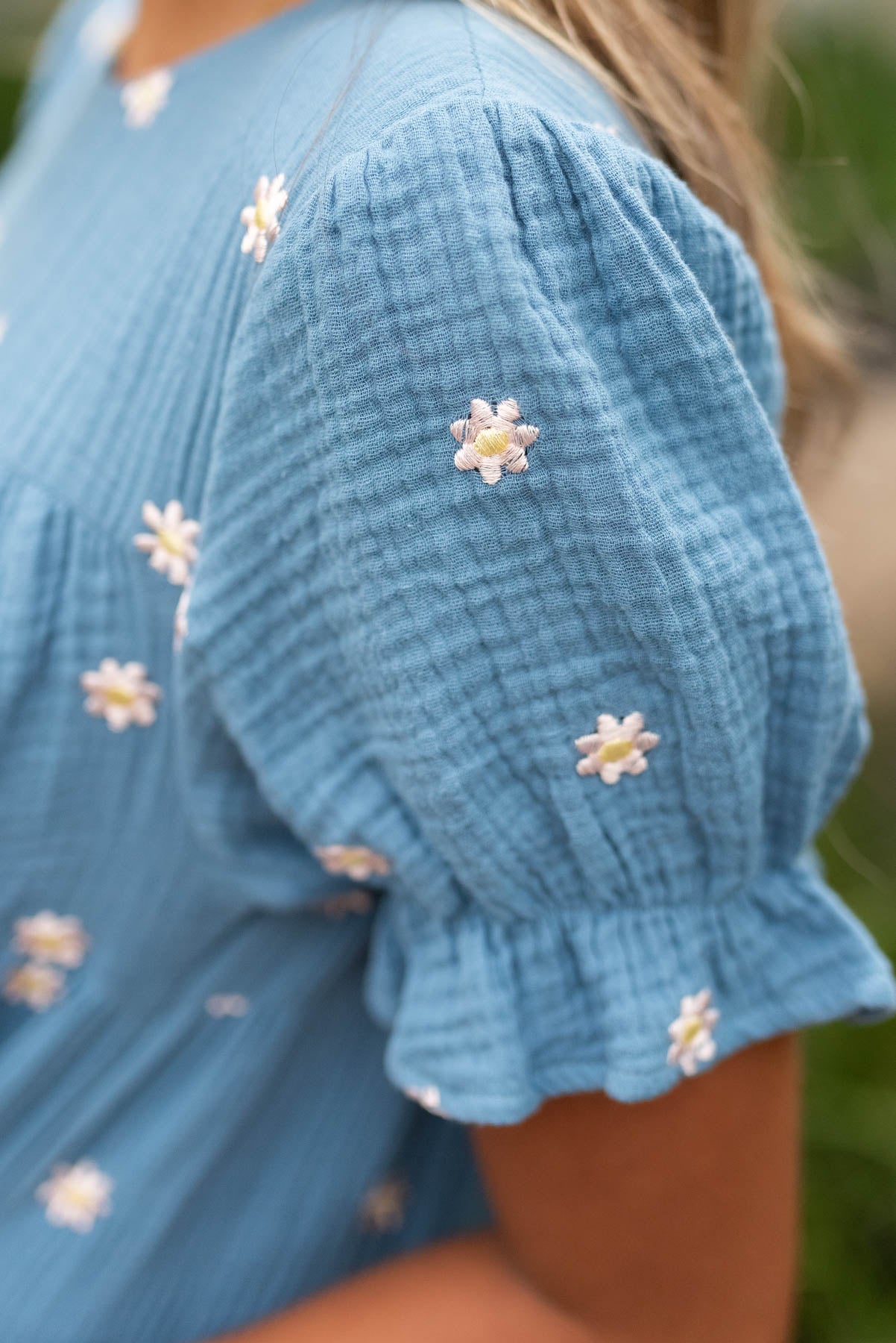 Close up of the sleeve on the blue floral dot dress