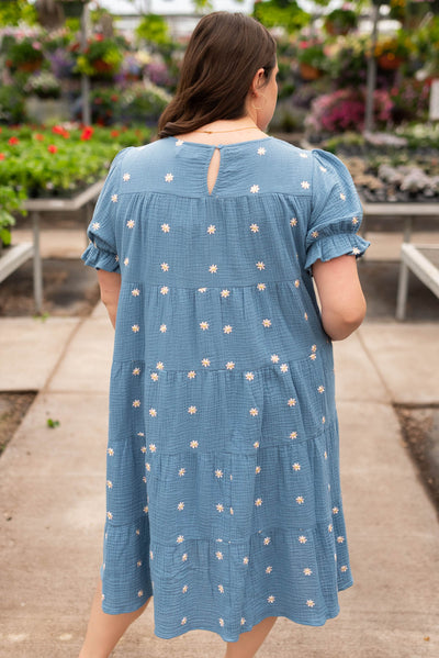 Back view of the plus size blue floral dot dress