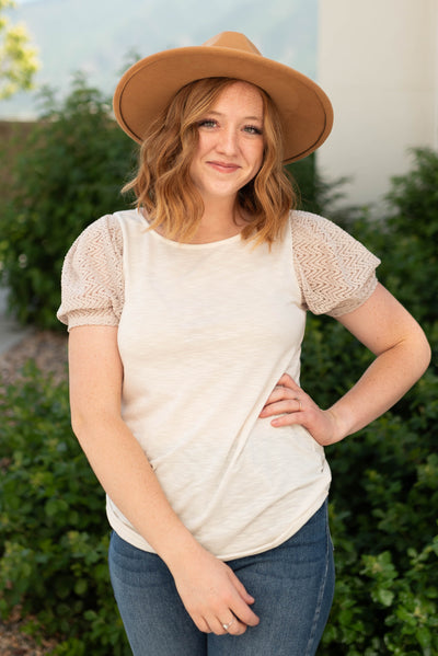 Ivory top with short printed sleeves