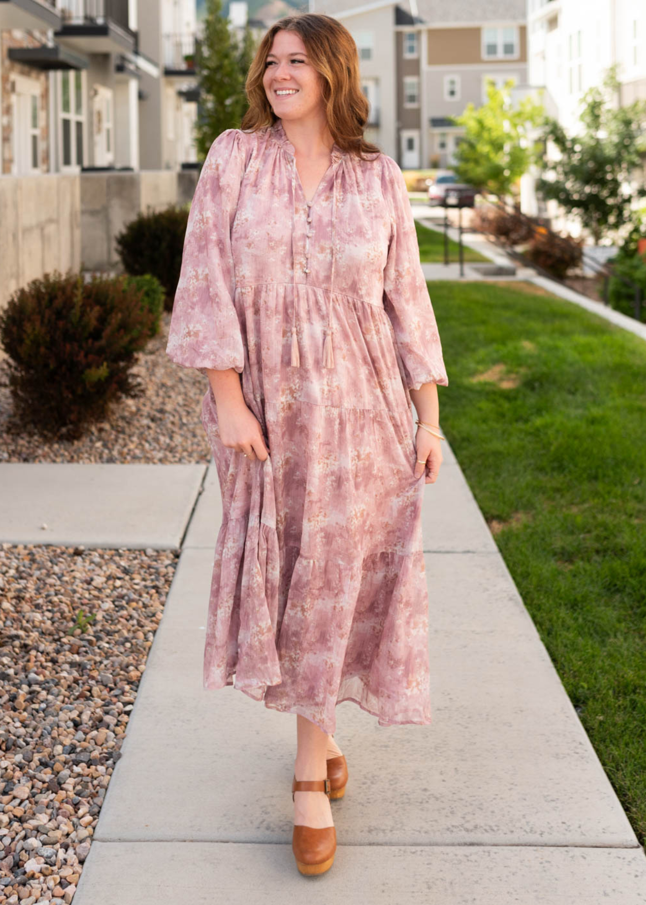 Plus size mauve floral tiered dress with long sleeves