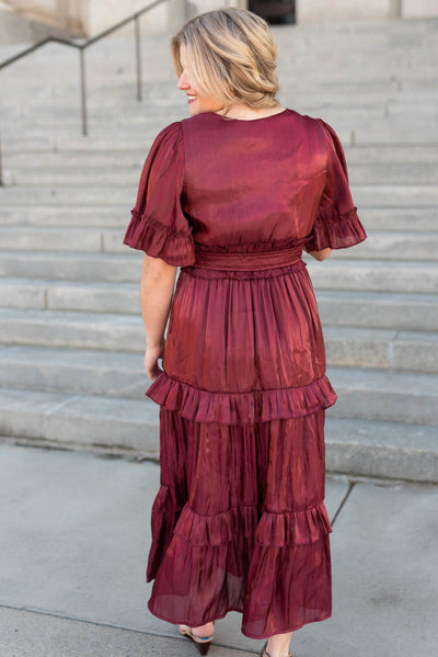 Back view of the burgundy ruffle dress