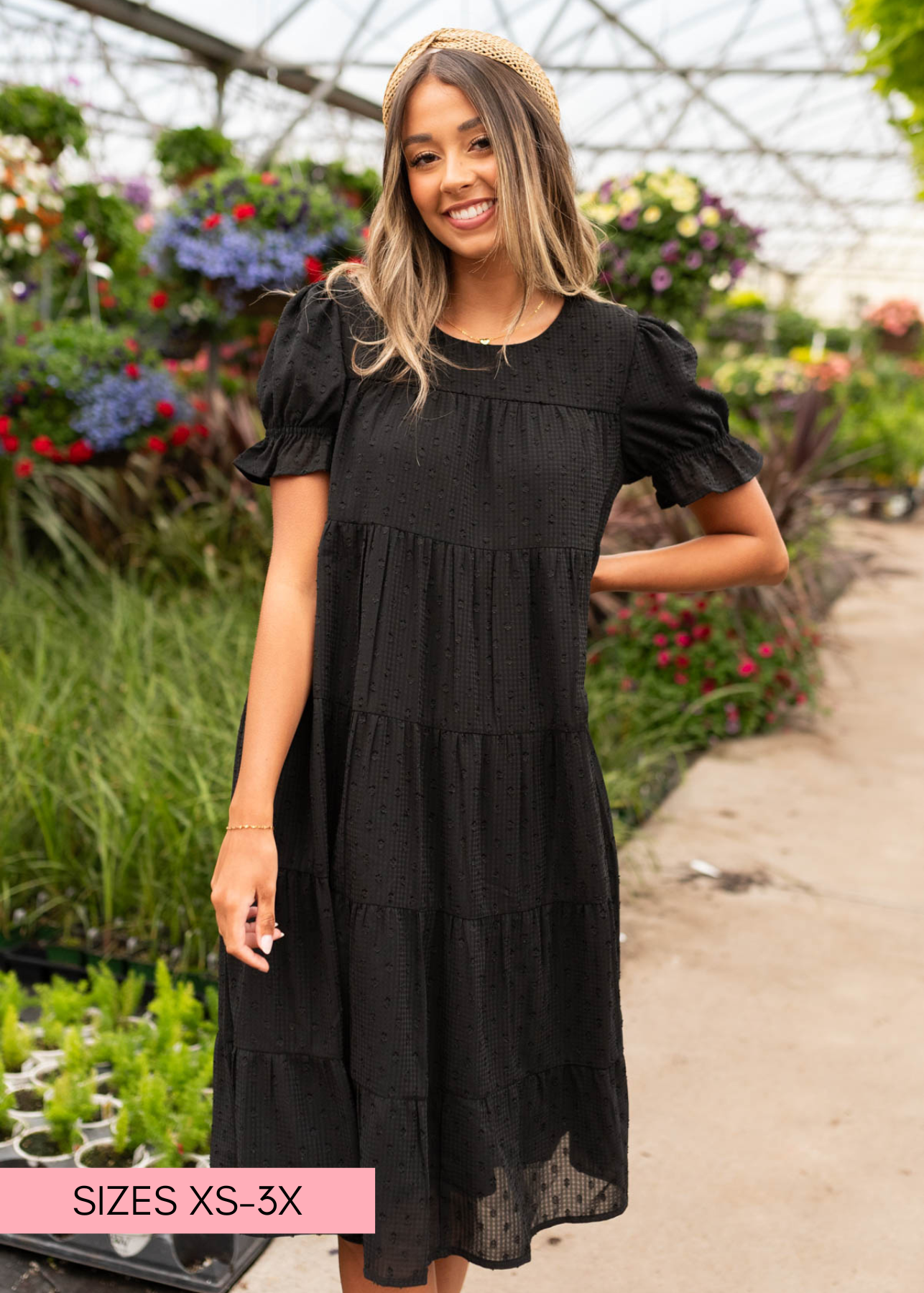 Tiered black dot midi dress