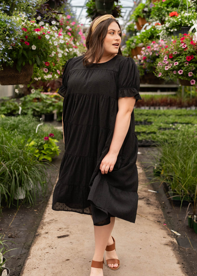 Short sleeve plus size black dot midi dress