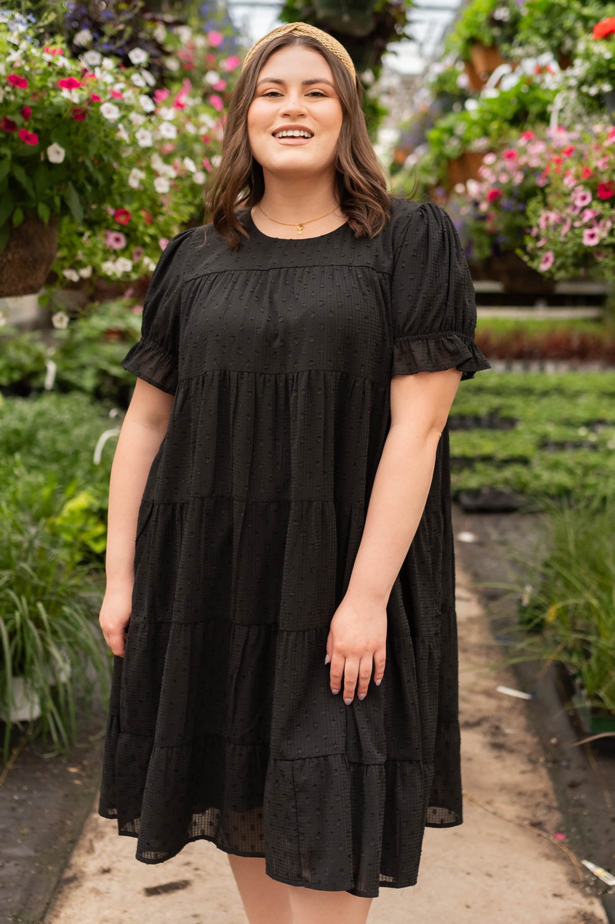 Tiered plus size black dot midi dress