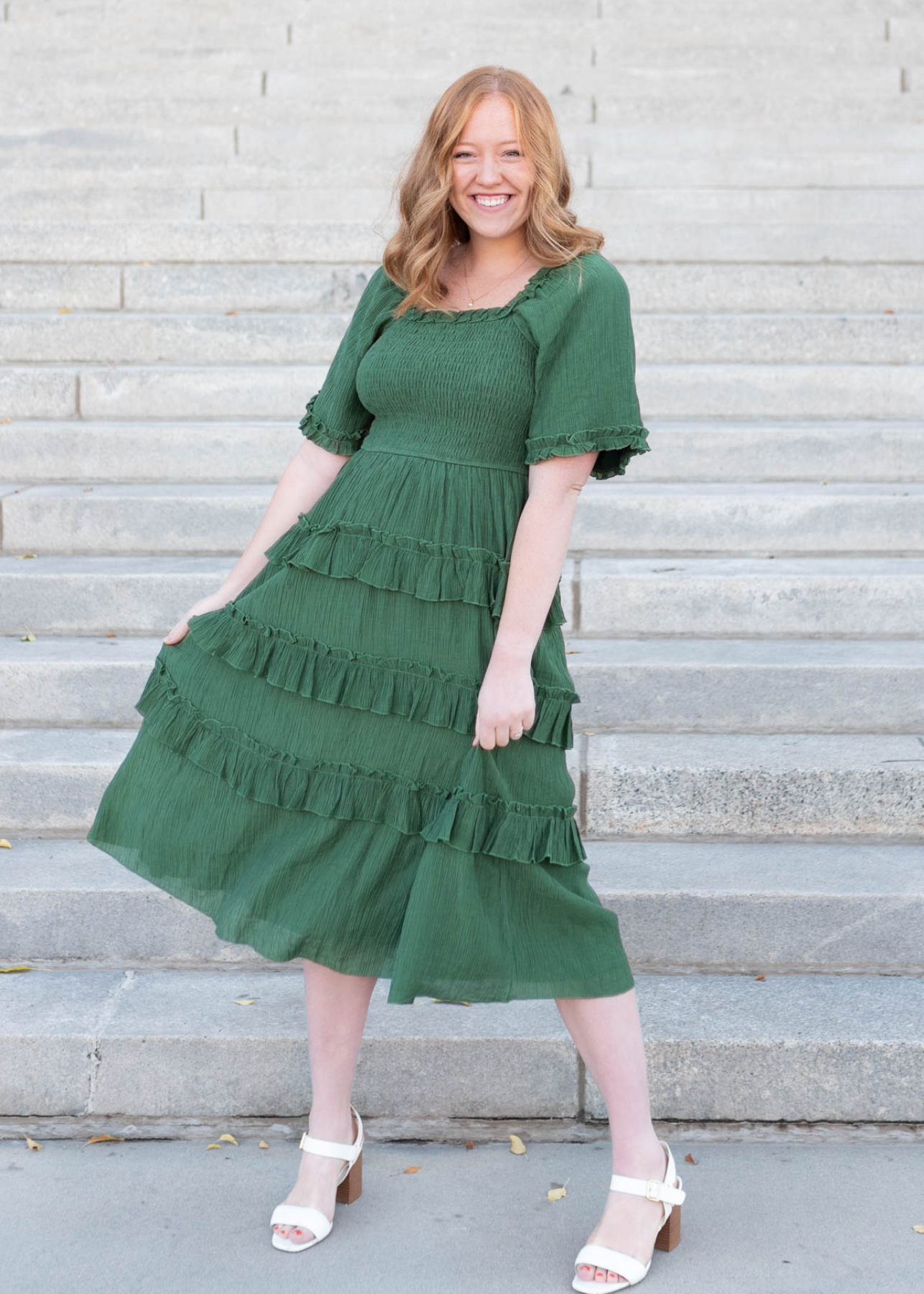 Green ruffle tiered dress with short sleeves